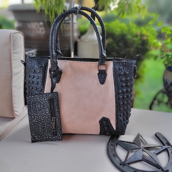 Handbags - Bone Suede & Studded Fashion Handbag